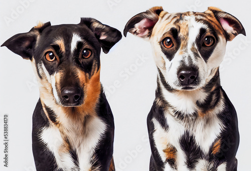 Two multicolored dogs, front portraits, minimalist on white background, 3d illustration