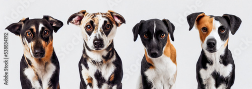 Four nice and cute dogs, minimalist banner on white background, 3d illustration