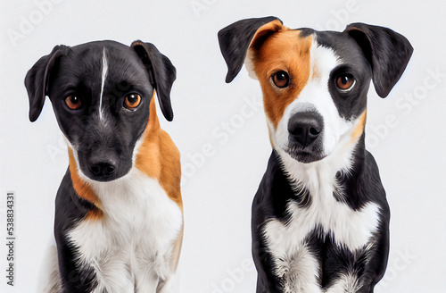 Two cute dogs, frontal portraits, minimalist on white background, 3d illustration