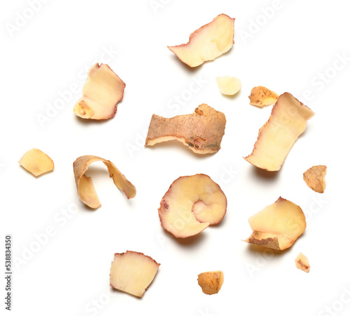 raw potato peel close-up, group of objects are isolated on a white background