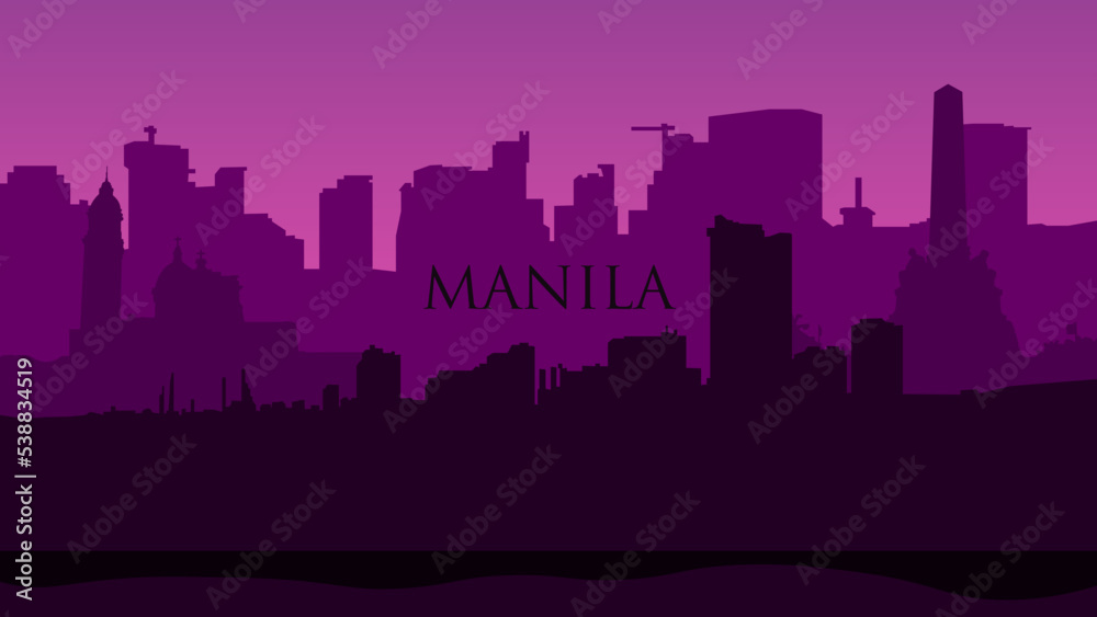 The purple flat silhouette of the city Manila