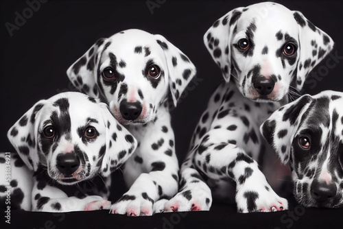 Litter of little dalmatian puppies, black and white spotted dog, cute, 3d illustration