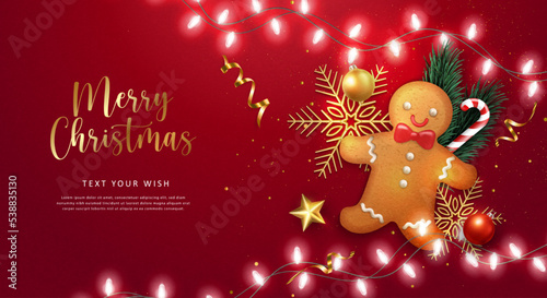 Merry Christmas composition 3D realistic pine fir tree branches gingerbread man candy cane baubles star ornaments and chain light