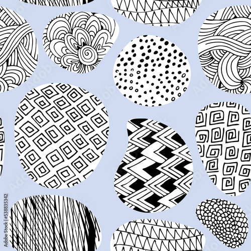 Decorative seamless pattern with shapes with hand drawn ornaments. Vector ill...