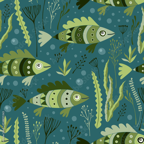 Seamless pattern with fish and seaweeds in the river. Vector drawing.