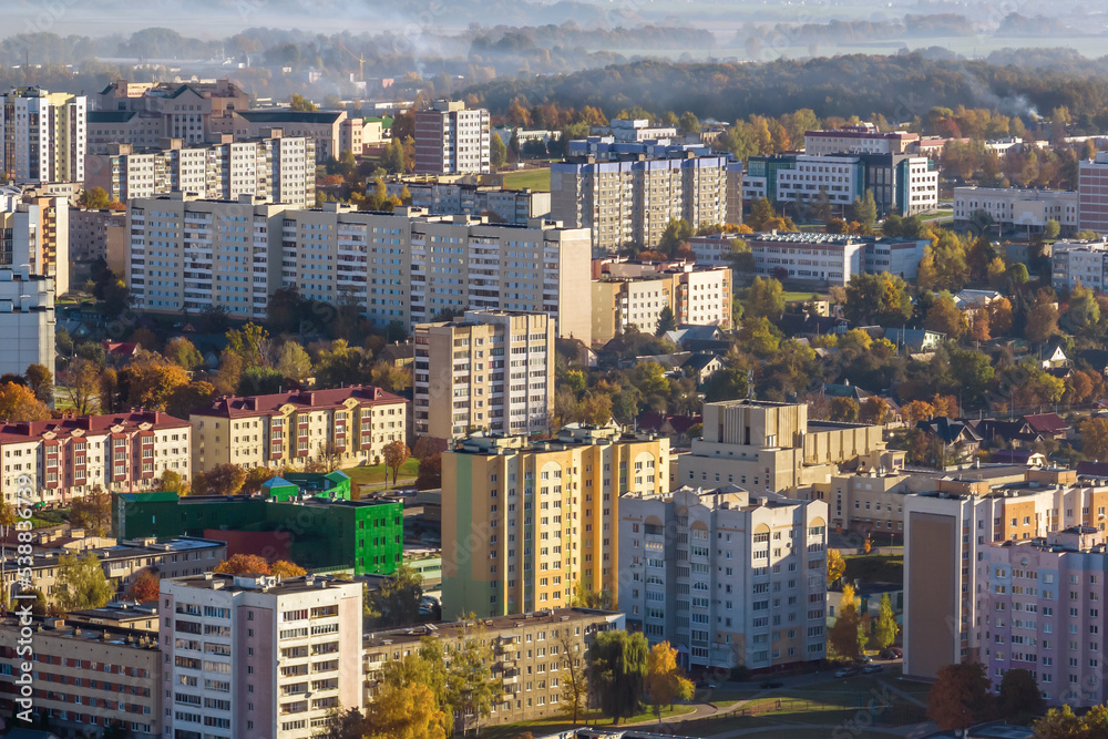 Obraz premium aerial panoramic view from height of a multi-storey residential complex and urban development