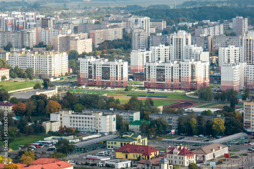 aerial panoramic view from height of a multi-storey residential complex and urban development