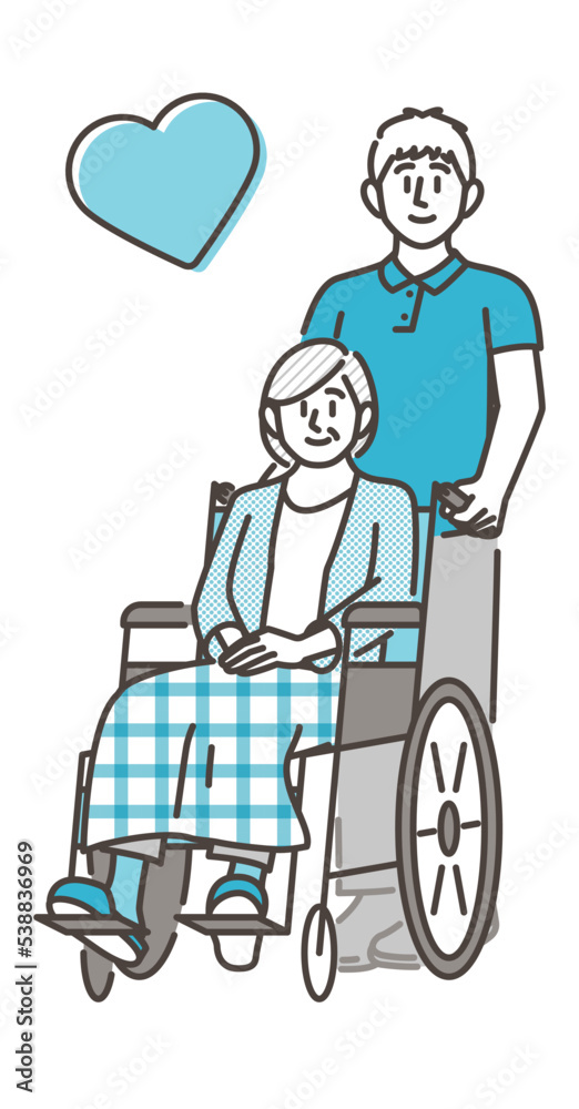 Smiling senior woman in wheelchair and male caregiver (home helper) [Vector illustration].