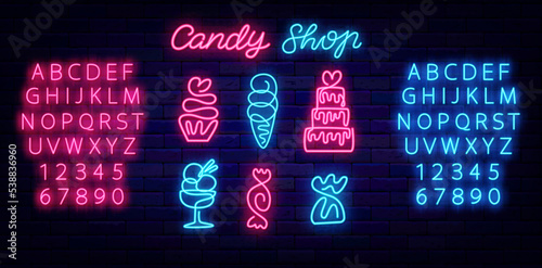 Sweet shop neon icons collection. One line drawing. Cupcake, candy, cake and ice cream icons. Vector stock illustration