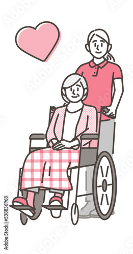 Smiling senior woman in wheelchair and female caregiver (home helper) [Vector illustration].