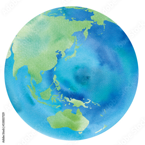 地球の水彩ラスト。日本、アジア、オーストラリア、中国、インドネシア、太平洋（透過背景）
 photo