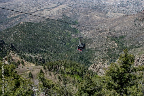 High angle of Sandia Peak Tramway in green mountains of Albuquerque, New Mexico