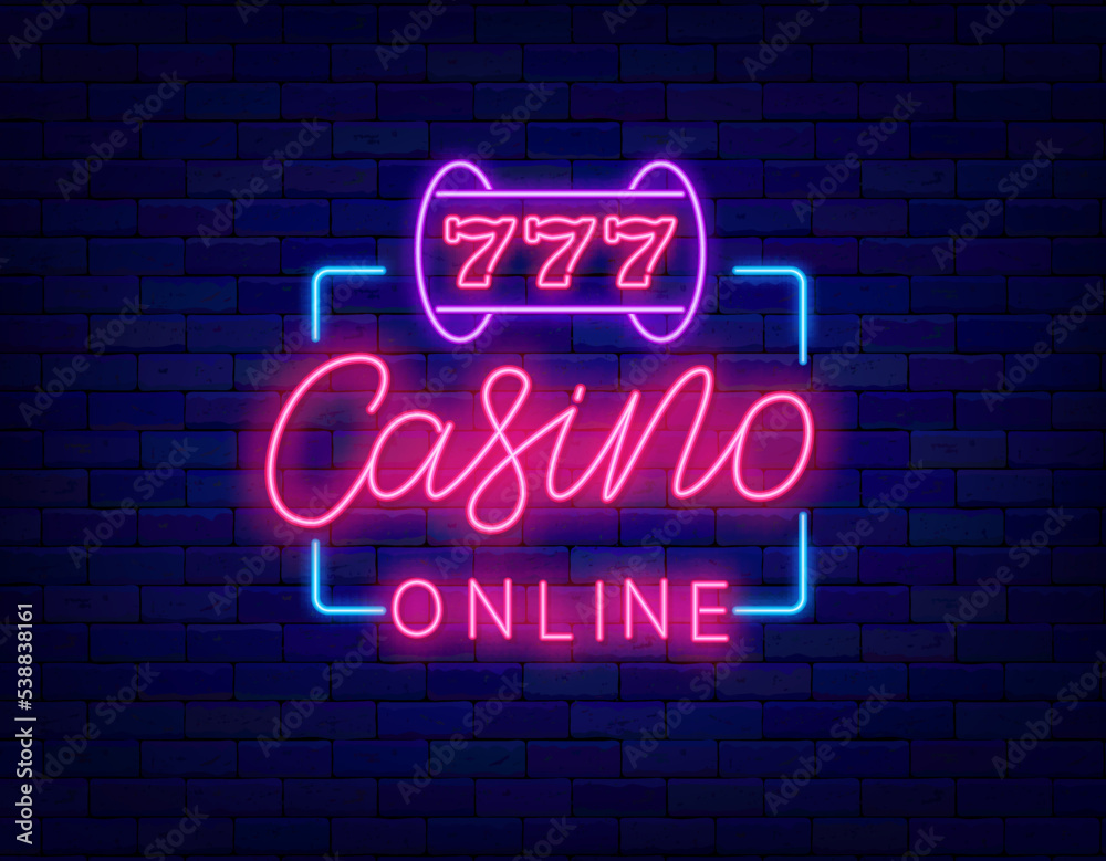 Casino online neon signboard. Slot machine with jackpot. Internet game label. Gambling concept. Vector illustration