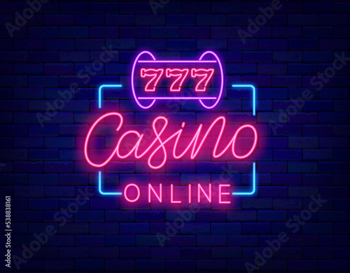 Casino online neon signboard. Slot machine with jackpot. Internet game label. Gambling concept. Vector illustration