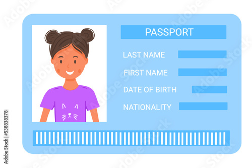 Kids passport with photo and data in cartoon style