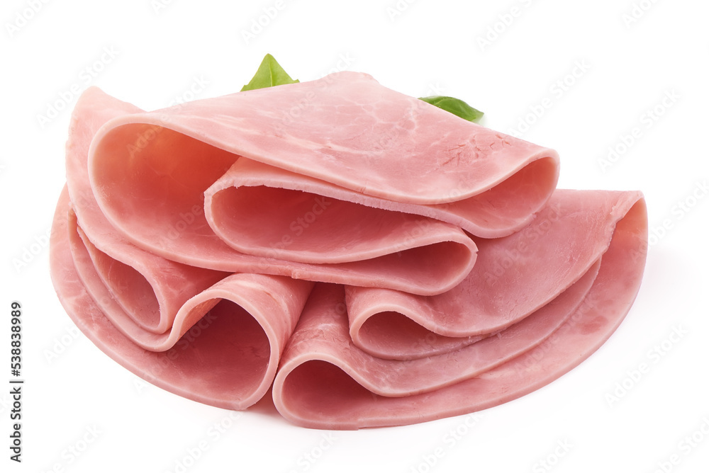 Thinly Sliced Ham, boiled sausage, isolated on white background. Thinly Sliced Ham, boiled sausage, isolated on white background.