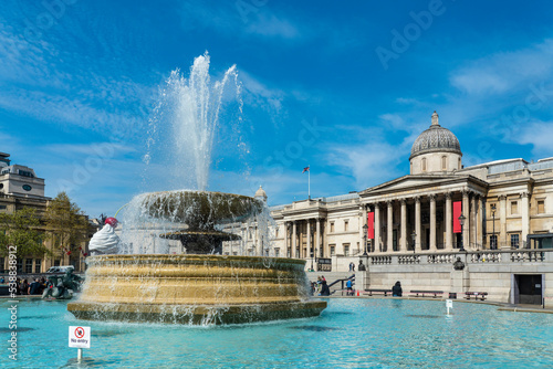 UK, England, London, Fountain on Trafalgar Square with National Gallery in background photo