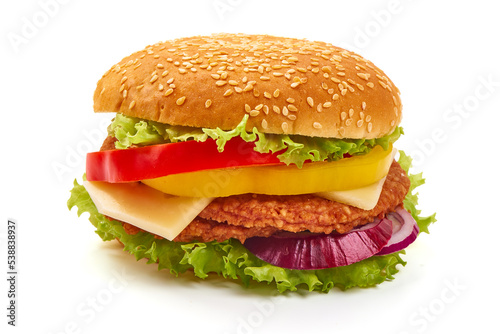 Fresh tasty burger, american hamburger, fastfood, isolated on white background.