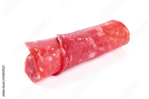 Mortadella sausage slices with olives, isolated on white background.