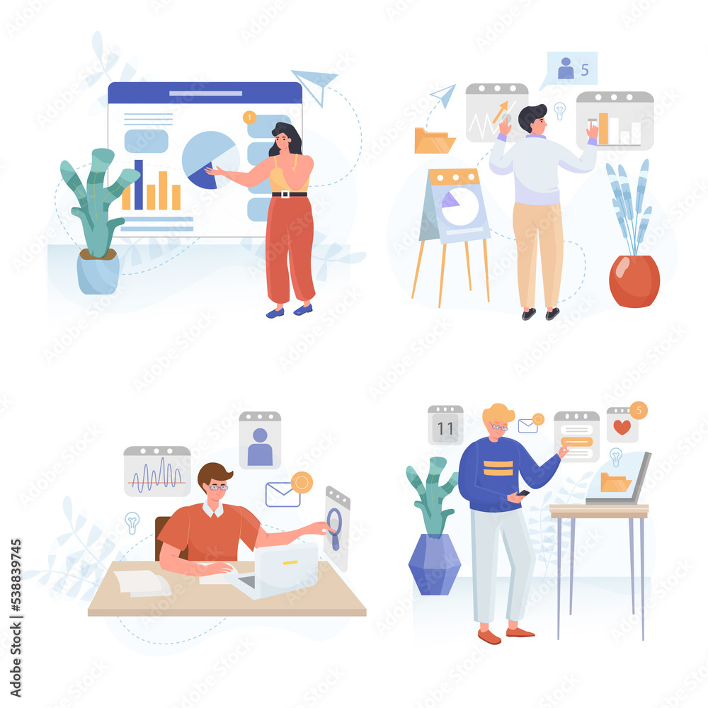 Business process concept scenes set. Team analysts research statistics, company data, financial strategy diagram. Collection of people activities. Illustration of characters in flat design