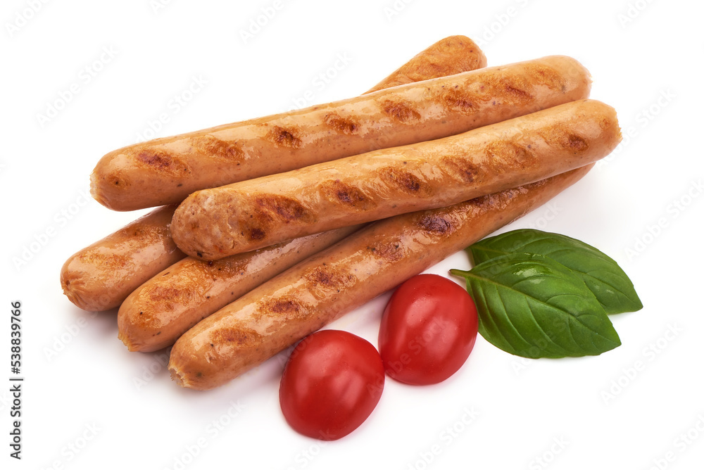 Grilled chicken hot dog sausages, close-up, isolated on white background. Grilled chicken hot dog sausages, close-up, isolated on white background.