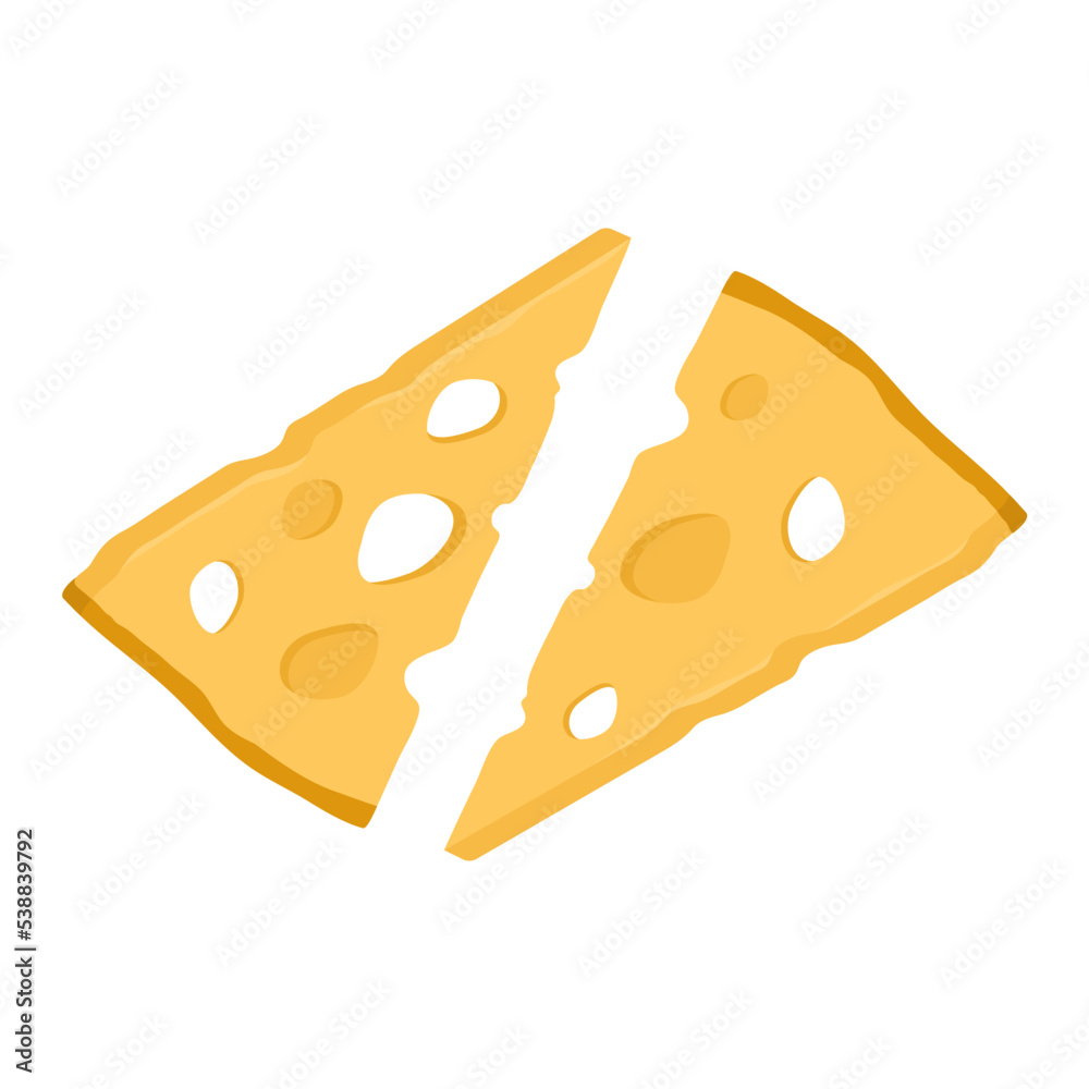 Pieces of holland cheese with holes. Slices of tasty cheese in triangular shape isolated on white background. Healthy organic food. Vector cartoon illustration Pieces of holland cheese with holes. Slices of tasty cheese in triangular shape isolated on white background. Healthy organic food. Vector cartoon illustration