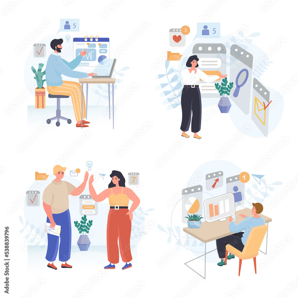 Business process concept scenes set. Analysts research statistics, company analytics, management, marketing strategy. Collection of people activities. Illustration of characters in flat design