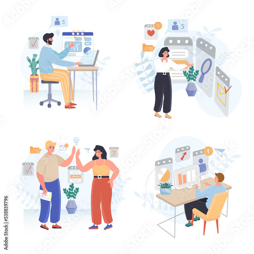 Business process concept scenes set. Analysts research statistics, company analytics, management, marketing strategy. Collection of people activities. Illustration of characters in flat design