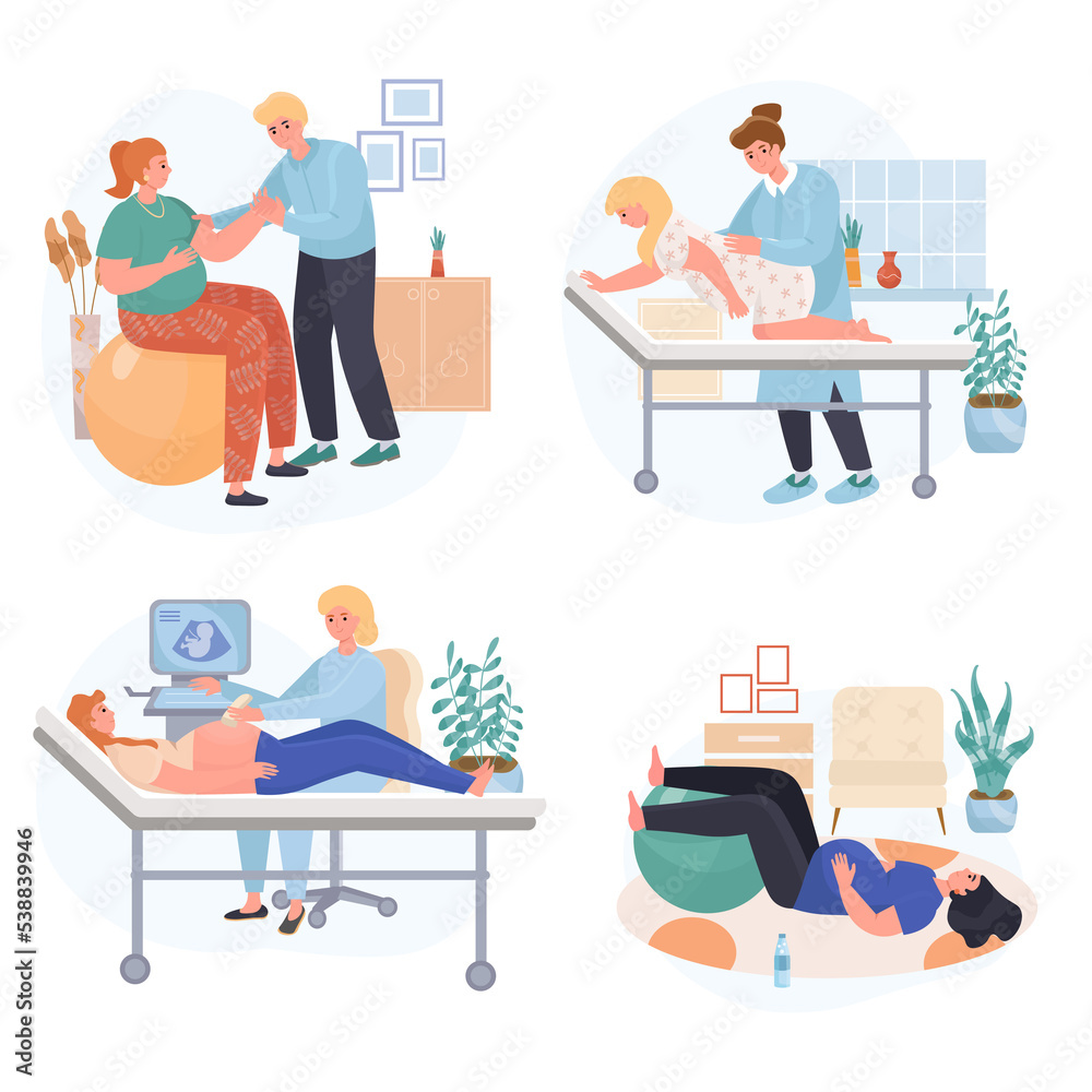 Pregnancy concept scenes set. Family expecting child birth. Pregnant woman at doctor, screening, doing sports at home. Collection of people activities. Illustration of characters in flat design