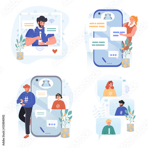 Wallpaper Mural Social network concept scenes set. Man and woman chatting online, posting photos, create content, Internet community. Collection of people activities. Illustration of characters in flat design Torontodigital.ca