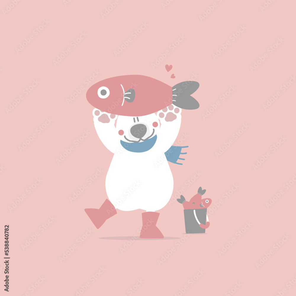 cute and lovely hand drawn polar bear holding fish, happy valentine's day, love concept, flat vector illustration cartoon character costume design cute and lovely hand drawn polar bear holding fish, happy valentine's day, love concept, flat vector illustration cartoon character costume design