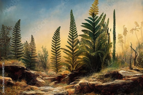 Obraz na plátně Prehistoric landscape of flora and fauna from triassic era