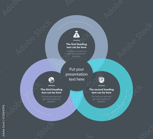 Simple business process template with three stages - dark version. Simple flat template for data visualization.