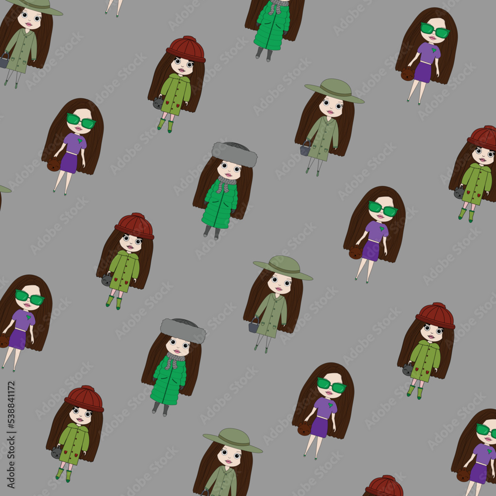 Fototapeta premium Cute little girls dressed for different seasons on a gray background. Girlish backgroundPerfect for little girl design