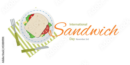 World Sandwich Day, sandwich with tomato, cheese and lettuce on plate and on tablecloth with white background.November 3rd.