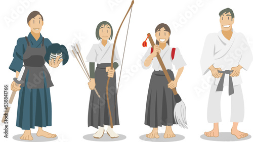 弓道、剣道、柔道、書道に励む若者たち