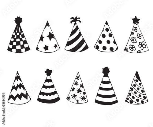 black and white doodle illustration of festive party hats