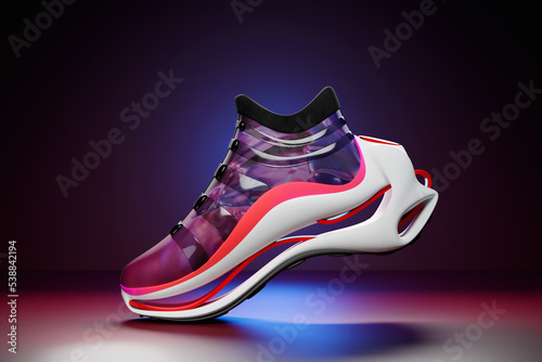 Colorful sneakers on the sole. The concept of bright fashionable sneakers, 3D rendering.