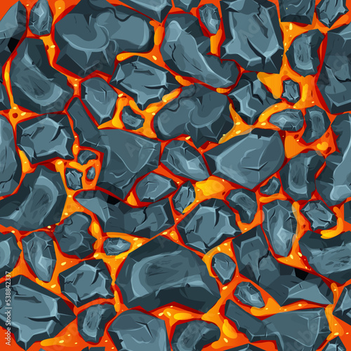 Lava, magma with stones in cartoon style seamless pattern background. Eruption effect, landscape. Texture, design