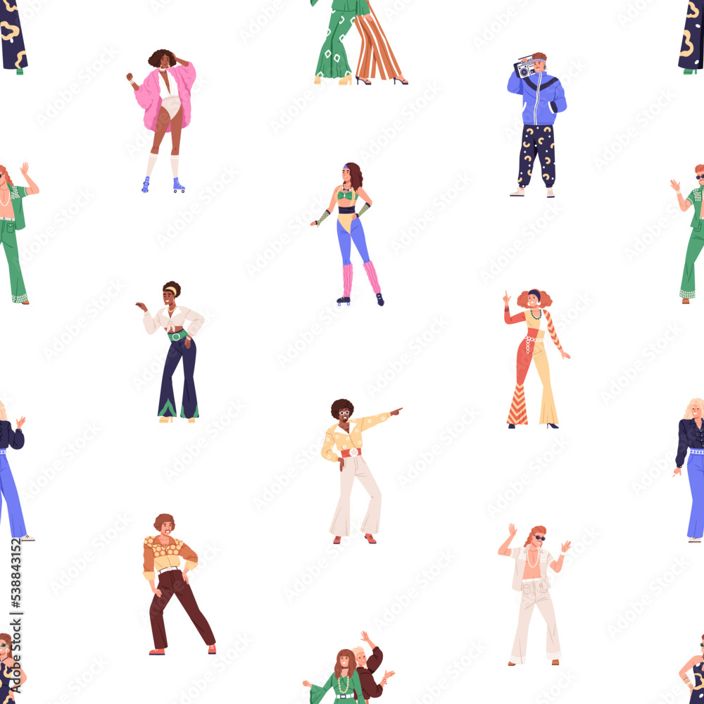 Retro party pattern with fashion people dancing to 80s music. Seamless 1980s disco background. Repeating print, endless texture design of eighties discotheque. Flat vector illustration for decoration