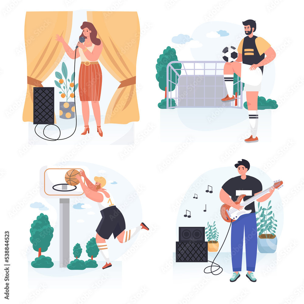 People do their favorite hobby concept scenes set. Woman singing in karaoke. Men play guitar, basketball or football. Collection of people activities. Illustration of characters in flat design