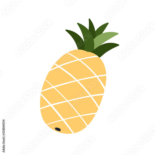Pineapple, whole fruit icon. Exotic tropical vitamin food with yellow skin and leaf top. Fresh ripe ananas. Sweet natural eating. Flat vector illustration isolated on white background