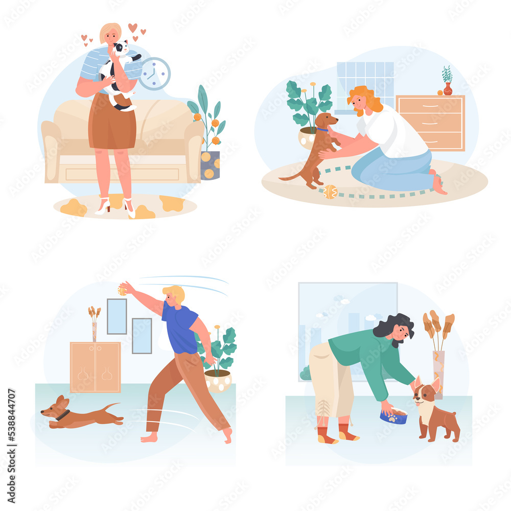 Pets with their owners concept scenes set. Woman hugging cat, feeding puppy, man playing toy with dog. Animal care. Collection of people activities. Illustration of characters in flat design Pets with their owners concept scenes set. Woman hugging cat, feeding puppy, man playing toy with dog. Animal care. Collection of people activities. Illustration of characters in flat design