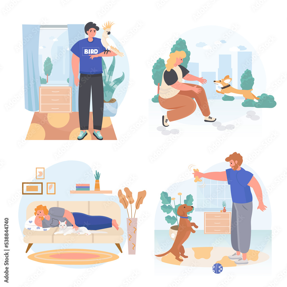 Obraz premium Pets with their owners concept scenes set. Man holds parrot, trains dog. Woman resting with cat or playing with puppy. Collection of people activities. Illustration of characters in flat design