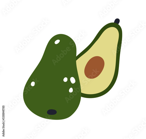 Avocado half with core, pit and green flesh. Cut piece of healthy fruit with ...