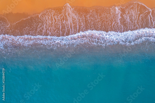 Background of sand beach of Side, Lara Belek, Turkey mediterranean sea aerial top view