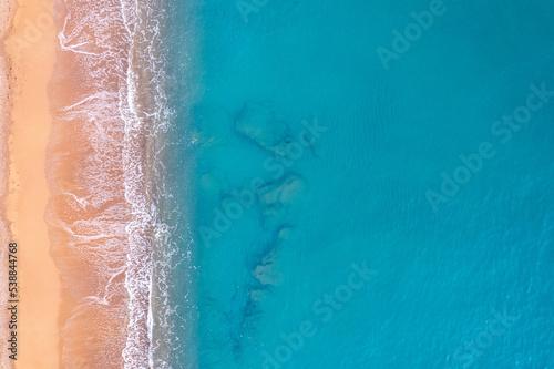 Fototapeta Naklejka Na Ścianę i Meble -  Background of sand beach of Side, Lara Belek, Turkey mediterranean sea aerial top view