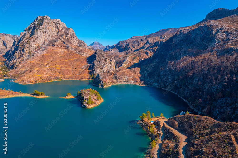 Green Canyon Turkey forest after fire, Manavgat Mountain Lake aerial top view