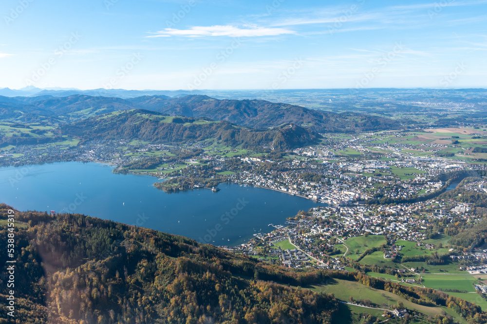 aerial view of the city of Gmunden and the lake Traunsee in Upper Austria