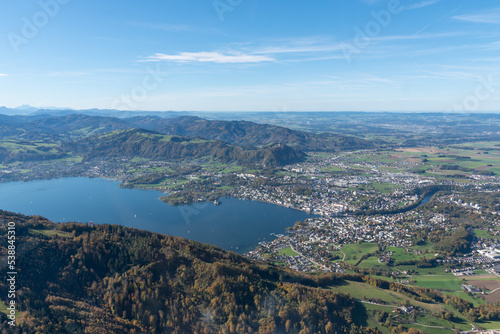 aerial view of the city of Gmunden and the lake Traunsee in Upper Austria